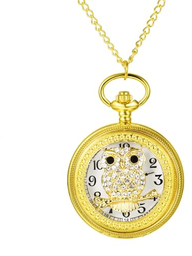 Avaner Women's Pocket Watch Skeleton Owl Pocket Watches Pendant Necklace Rhinestone Watch