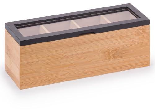 Woodluv Tea Storage Organizer with 4 Compartments, Premium Multi Purpose Display Case, Storage for Assorted Teas, Lidded Countertop Holder, Stylish Chai Container with Lid for Kitchen - Black