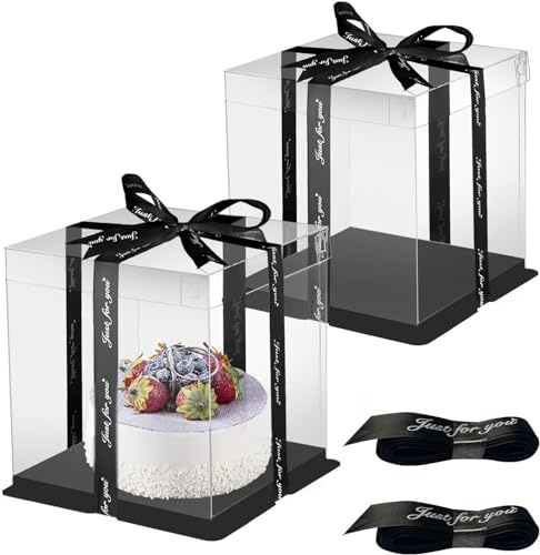 Tårtkartonger Tårtlåda Transparent Presentförpackning 26 x 26 x 25 cm Tårtlåda Transportlåda Tårtapresentförpackning Transparent med bas och band för födelsedagsdessert Paket om 2