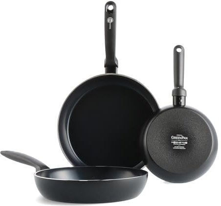 GreenPan Torino Healthy Ceramic Non-Stick 2pcs Frying Pan Skillet Set, 20 cm, 24 cm & 28 cm, PFAS Free, Induction, Oven Safe up to 160°C, Dishwasher Safe, Black