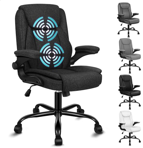 ALFORDSON Ergonomischer Massage BüRostuhl Mid Back Mit Klappbarer Armlehne, Leinen Studienstuhl Mit Sgs Gelistet Gas-Lift, Gaming Stuhl FüR Computer Arbeitstisch, Max Belastung 150kg, Stoff Schwarz