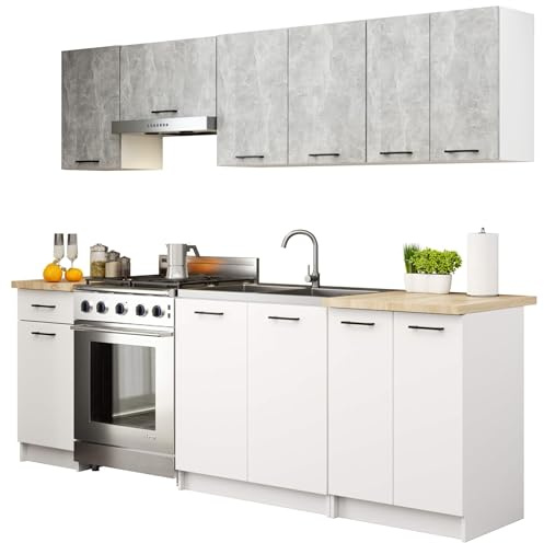 AKORD | Muebles de Cocina OLIWIA de 2.4m, modulares de 240 cm, con 11 Puertas y 1 cajón. 240cm x 203cm x 46cm | Hormigón y Blanco Frente