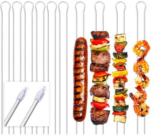 COM-FOUR® 10x spiedini per griglia con manico - doppio spiedo per barbecue da 31 cm in acciaio inossidabile 430 - spiedini shashlik con doppi denti (10 pezzi - tondo in acciaio inossidabile)