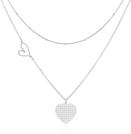Linawe Collar en forma de corazón, collar de plata para mujer, collar con colgante, cadena de acero inoxidable, joyería de moda, collar en capas con colgante, llamativo conjunto de collares