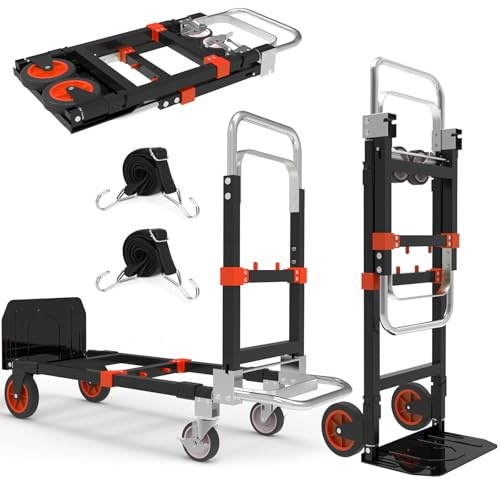3 in 1 Heavy Duty Folding Hand Truck, Convertible Portable Steel Dolly with Telescopic Handle, Foldable Utility Cart with Rubber Wheels, 500 LBS
