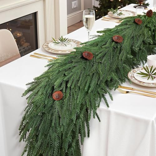 SHareconn 9FT Realistic Norfolk Pine Garland with Pine Cones, 100% PE Artificial Christmas Garland, Real Touch Mantle Stairs Fireplace Xmas Decorations, Indoor and outdoor Xmas Decor, Green