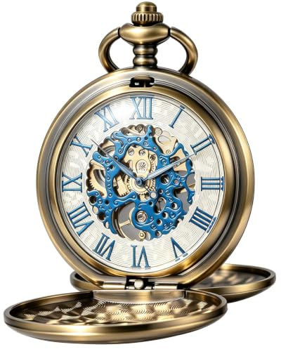 Kchss Mechanical Roman Numerals Dial Skeleton Pocket Watches with Box and Chains for Mens Women Bronze