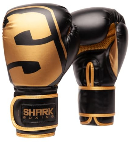 SHARK BOXING Guantes Boxeo Hombre, Mujer, Unisex SKF 3.0 | 14oz, 12oz, 10oz, 16oz | Guantes Muay Thai, Kick Boxing, Boxeo (Negro-Oro, 16oz)
