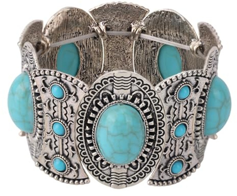 Mikovivi Bohemian Turquoise Bracelet for Women, Elastic Boho Vintage Western Cowgirl Stretch Turquoise Bangle Adjustable Synthetic Stone Jewelry