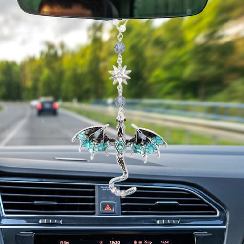 Car Charm Hanging for Rear View Mirror - Retro Blue Silver Dragon Rearview Mirror Charms Pendant, Fantasy Dragons Lover Ornament Suncatcher for Cars & Window, Gift for Women Men Driver Friends