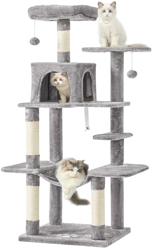 MSmask Árbol rascador grande, L Árbol para gatos estable, árbol de rascar con plataformas, cuevas para gatos, hamaca, columnas de sisal, árbol de escalada de varios pisos para gatos (Gris claro)