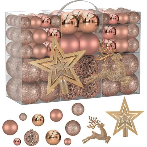 CharmeFleur 102 Piezas de Bolas de Navidad Rosa Dorado, Adornos para el árbol de Navidad a Prueba de roturas, Juego de Adornos de Navidad Rosas