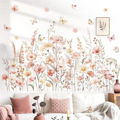decalmile Pegatinas de Pared Boho Jardín de Flores Vinilos Decorativos Flor Silvestres Mariposas Diente de León Adhesivos Pared Habitación Niña Dormitorio Salón