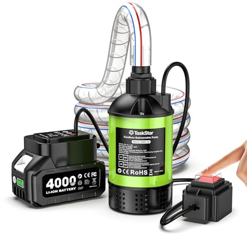 TaskStar Cordless Submersible Water Pump Brushless, 4164 L/h Small Portable Utility Pump with 4000mAh Battery & Hose for Swimming Pool Tank Garden Basement Camping Boat Rain Barrels Outdoor Draining