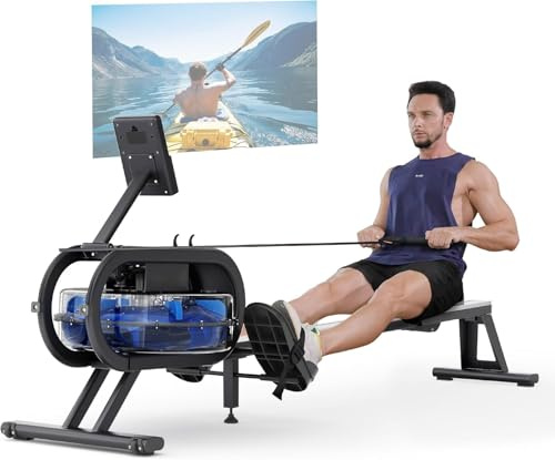 YOLEO Rameur à Eau Rameur d'appartement avec Réservoir d'eau Ecran LCD et Moniteur avec Fonction Bluetooth Capacité de Poids 120 KG (Bleu)