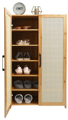 TTISJHK Scarpiera 6 ripiani in bambù con ante e ventilazione, scarpiera salvaspazio per 18-24 paia di scarpe, moderno organizer per scarpe per corridoio, camera da letto e guardaroba