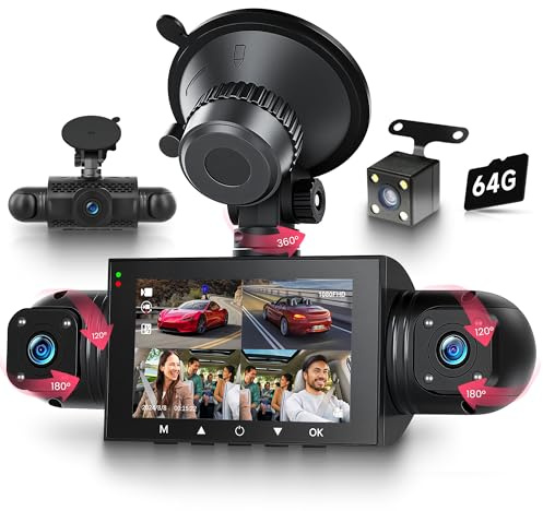 4 Canaux 360° Dashcam Voiture, 1080P 4 Caméra Avant et Arrière Gauche Droite avec 64G Carte, 3 Dash Caméra Vision Nocturne/Vidéo en Boucle/G-Sensor/Moniteur de Stationnement 24H/Aide au Stationnement