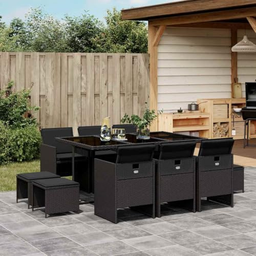 Mokuyary Grupo de comedor de jardín de 11 piezas con cojín, negro, poliratán, mesa de comedor, comedor, resistente a la intemperie, muebles de balcón para porches, patios, terrazas, material de