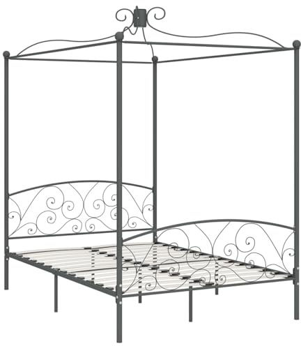 Fecpoo WGYHOME Himmelssängsram 140 x 200 cm med gardinstång, grå metallram med plywoodribbotten, för sovrum