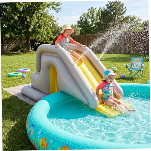 Scivolo Gonfiabile per Piscina, Scivolo per Piscina con Ampia Base Riempibile con Acqua - Facile Installazione e Conservazione in PVC per Interni/Esterni per Bambini e Adulti (cachi, con pompa a Peda