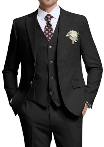 High-End Suits Retro Suits for Men Linen Black 3 Pieces Tuxedos Blazer Jacket Men Suit Pants Vest Summer L