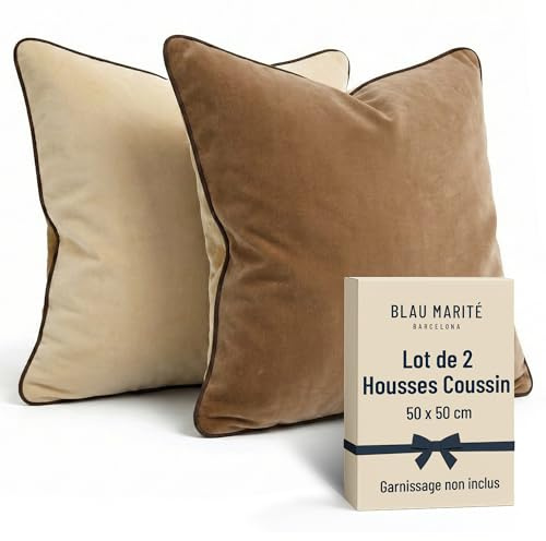 BLAU MARITÉ 2 dekorativa kuddöverdragsset. Modell CAMBRIDGE. Tillverkad av extra mjuk sammet. Moderna dubbelsidiga mönster. Fyllning ingår inte. (50 x 50 cm (20 x 20 tum), brun/beige, 2)
