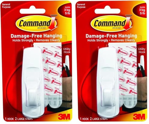 Command Large Utility Hook, Pack of 2 Hook and 2 Adhesive Strips, White - Damage Free Hanging - Holds up to 2.2kg