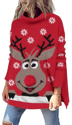 LILLUSORY Ugly Christmas Sweater Women Funny Mock Turtleneck Oversized Knit Pullover 2026 Tunic Tops Wear with Leggings XmasDeer S