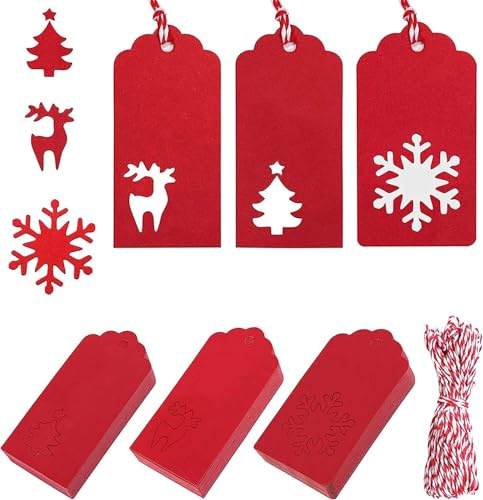 YSTrillion 150 Piezas Etiquetas Regalo Navidad,Etiquetas Papel Kraft con 20M Cuerda de Navidad para Decoración de Navidad 9,5x5cm