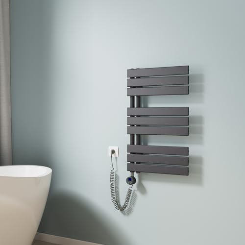 EMKE - Radiador de baño, secador de toallas, eléctrico, 762 x 500 mm, con termostato, toallero eléctrico, toalleros, con barra calefactora, antracita, 400 W