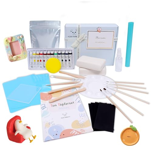 Töpfer-Set für Erwachsene für Zuhause | Lufttrocknendes Ton-Modelliermasse-Set für Anfänger inklusive Tischsets, Bildhauerwerkzeuge,12 Farben, Pinsel,Geeignet für Geburtstage und Hauspartys