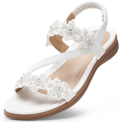 TEMOFON Sandals for Women Flat Dressy Summer Open Toe Sandals Woman Comfortable Walking Casual Beach Shoes White Size 8