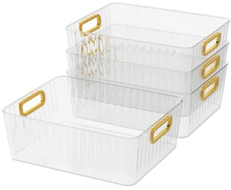 Lasbily 4 Packs Clear Plastic Storage Bin, Pantry Organiser box with Handles for Countertop, Refrigerator, Kitchen, Fridge Organization