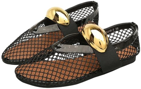 Mesh Ballet Flats for Women, Fashion Comfortable Round Toe Fishnet Buckle Mary Jane Casual Ballerina Flats, Ladies Wide Width Casual Office Daily Dress Mary Jane Flats