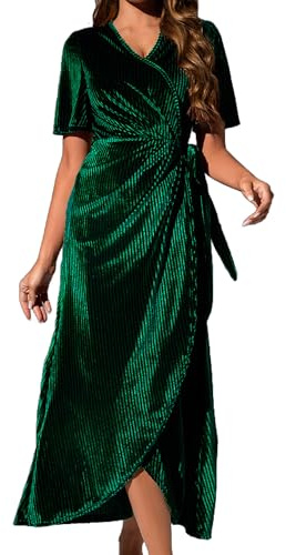 Women's Velvet V Neck Wrap Dress with Ruffle Sleeves, High Waist Maxi Evening Dress, Perfect for Christmas Parties Green