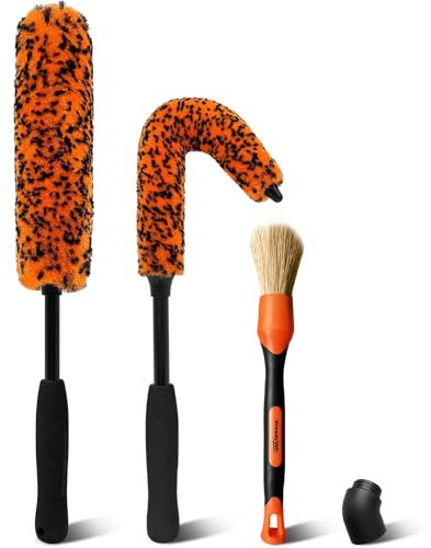 YeewayVeh Wheel Brush Kit, 3 Pack Scratch-Free Long Handle Tire Cleaner Brush and Detailing Brush, Wheel Cleaning Brushes for Vehicle Motorcycle Tyre Rim Fenders Engine Exhaust Tips