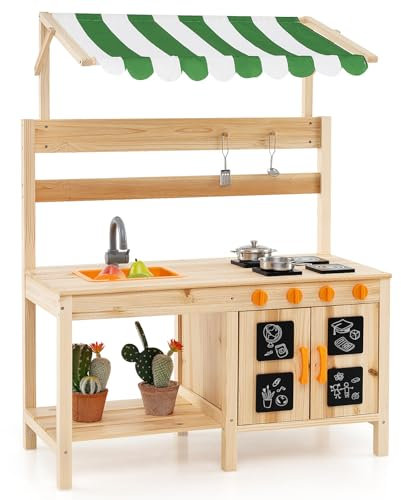 COSTWAY Cuisine Extérieure Enfant avec Tableau Noir & Auvent, Jeu de Cuisine en Bois de Sapin avec 4 Accessoires & 4 Cuisinières, Boutons Rotatifs & Étagère, Cuisine de Boue pour Enfant de 3 Ans+