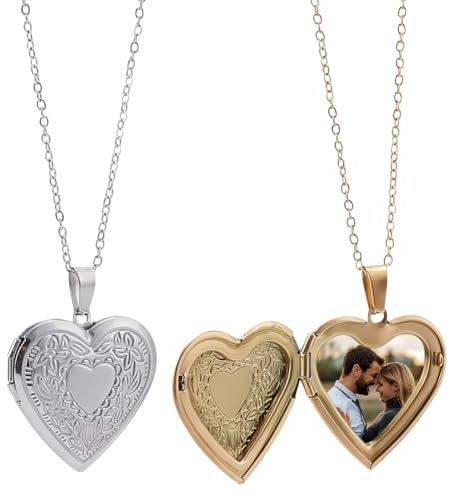 PLIGREAT 2 Pcs Stainless Steel Heart Shaped Locket Pendant Necklace Love Heart Lockets that Hold Picture Photo Necklace for Women Men Birthday Gifts DIY Making Jewelry