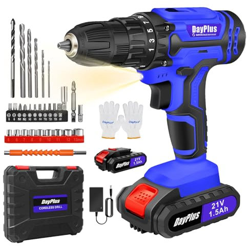 Taladro eléctrico inalámbrico de 21 V con 2 velocidades variables, 2 x 1500 mAh batería, par 25 + 1, 45 N.m Max Taladro inalámbrico, 29 brocas y controladores atornilladores inalámbricos