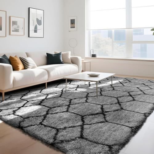 ZRSDIXKI Tapis de salon à poils longs - 160 x 230 cm - Gris et noir - Motif | Tapis shaggy moelleux à poils longs antidérapant, doux et moderne pour chambre à coucher