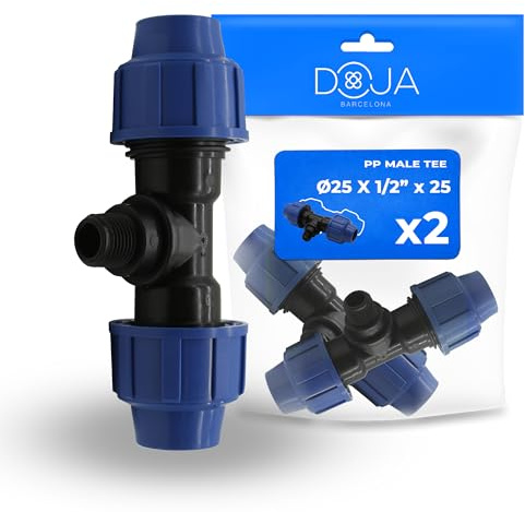 DOJA Barcelona T-stycke PE-rör med yttre gänga – 25 x 1/2 tum x 25-2-pack – PP T-stycke skruvanslutning, snabb säker anslutning, korrosionsbeständig, PE-rör T-koppling, PE klämkontakt