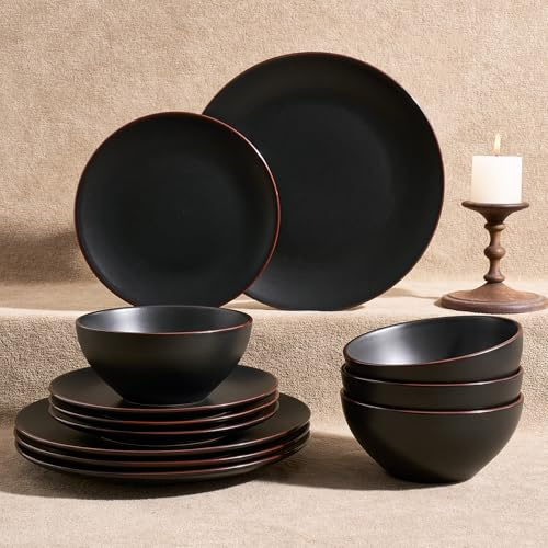 Richmount Venus Plates and Bowls Sets, Speckled 12-Piece Plate Set, Stoneware Dinner Set for 4 with Dinner Plates, Dessert Plates, Cereal Bowls, Microwave & Dishwasher Safe, Black