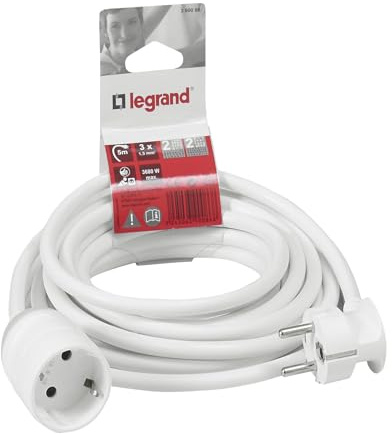 Legrand, 390086 Câble d'extension avec Prise de Contact de Protection et Embrayage coudé Intérieur Max. 3680 W Longueur 5 m Blanc