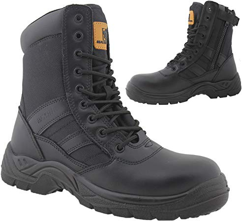 Mens Leather Combat Ankle Boots Steel Toe Cap Military Combat Safety Trainers Police Work Shoes (7 UK) Black