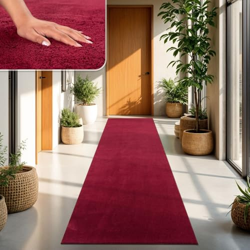 TT Home Wohnzimmer Teppich Kurzflor Anti-Rutsch Rückseite Unifarben Modern Waschbar, Farbe: Rot, Größe:80x150 cm