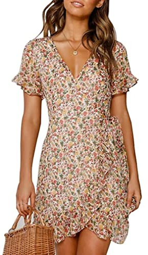 CheChury Mujeres Casual Verano Vestidos Moda Gasa Cuello en V Magas Cortas Estampado Floral Vacaciones Vestido Elegante Bohemio Vestido de Playa