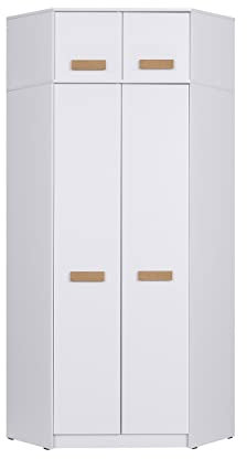 Marmex Grant G8+G15 - Eckschrank 91x235x91 cm, Bücherregal - Eckgarderobe mit Kleiderstangen und Einlegeböden für das Jugendzimmer, Schlafzimmer - Eckkleiderschrank - weiß + Riviera Eiche
