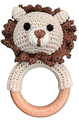 BYNYXI Baby Greifling Rassel Beißring, Niedliche Tier Häkel Rassel mit Holz Ring Greifringe Fuchs Tiger Löwe Hase Baby Holz Handmade Montessori Babyspielzeug ab 3 Montaten Baby Geschenk zur Geburt