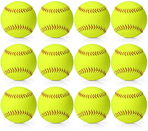 12 Pack Sports Practice Softballs, Official Size and Weight Slowpitch Softball, Unmarked Leather Covered Youth Fastpitch Softball Ball Training Ball for Games, Practice and Training (Yellow,12 Inch)