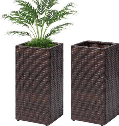 Taylor & Brown 2 Pack Tall Cubic Rattan Wicker Planters with Removable Liner Large Indoor Outdoor Planter Flower Plant Pots Garden Patio Front Porch 61cm (H) x 30.5cm (W) x 30.5cm (D) (Brown)